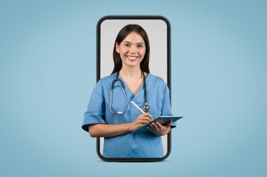 Young nurse in blue holding tablet, featured within large phone screen against blue background, illustrating advanced healthcare tech