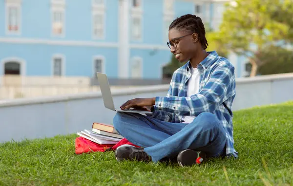 Happy Black Student Guy Typing Laptop Having Online Lecture University — Stok fotoğraf