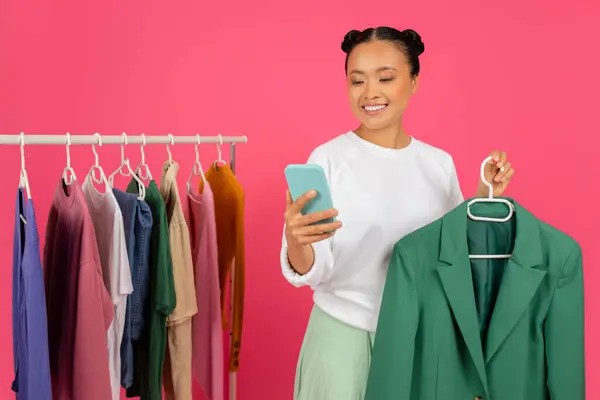 Shopping App Beautiful Asian Woman Smartphone Blazer Hands Standing Clothing — 스톡 사진