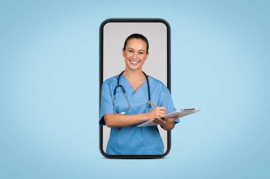 Happy european woman doctor write at clipboard on big smartphone screen, blue background, studio, collage. Medical consultation app remotely and blog website