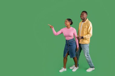Cheerful millennial black couple checking great offer, pointing at copy space for advertisement, isolated on green studio background, full length. Great deal for two