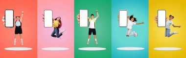 Group Of Happy Schoolkids Jumping With Big Blank Smartphones In Hands, Cheerful Multiethnic Kids Recommending New Mobile App, Having Fun While Floating Over Platforms On Colorful Background, Mockup clipart