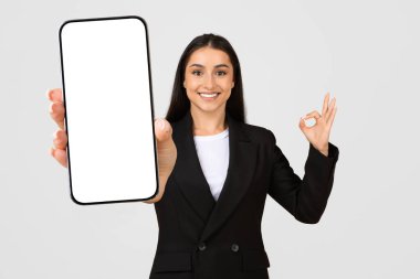 Takım elbiseli bir iş kadını boş ekranlı bir telefon ve el işaretli bir işaret gösteriyor. Gri stüdyo arka planında izole edilmiş. İş tavsiyesi, uygulama ve teklif