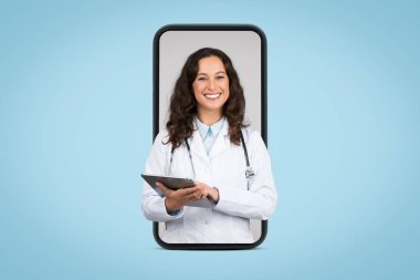 Appointment with doc online. Cheerful female doctor with digital pad and stethoscope at huge smartphone screen, isolated on blue background, collage clipart