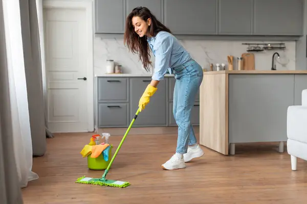 Engaged Woman Casual Attire Yellow Gloves Mopping Wooden Floor Well — Stock Photo, Image