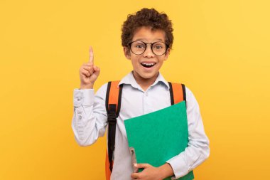 Zeki öğrencinin elinde yeşil bir defter, gözlük ve sırt çantası tutarken sarı arka planda parmak kaldırdığı bir an.