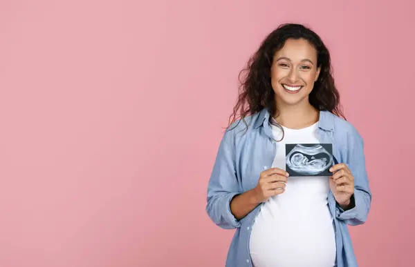 Pregnant Millennial Woman Big Belly Holding Ultrasound Image Her Baby — Stock Photo, Image