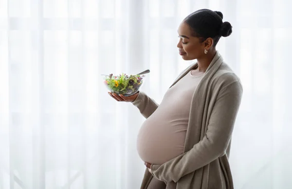 妊娠の概念の間に栄養と健康的な食事療法 妊娠したアフリカ系アメリカ人女性 新鮮な野菜サラダを楽しんで 自宅の窓の隣に立って 無料のスペース — ストック写真