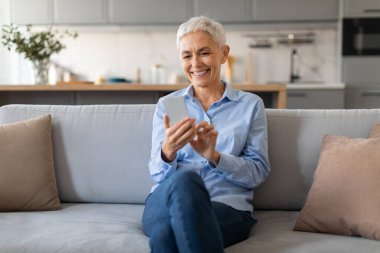 Gadget Teknoloji. Son sınıf öğrencisi neşeli bayan interneti telefonla kullanıyor. Dijital eğlenceye bağlanıyor, mesaj atıyor ve sosyal medyayı evdeki koltuğa kaydırıyor. Akıllı Telefonlu Mutlu Kadın Pozisyonu