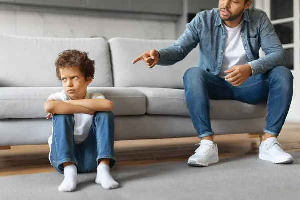 Angry African American Father Scolding Upset Little Son Home Preteen — Stock Photo, Image