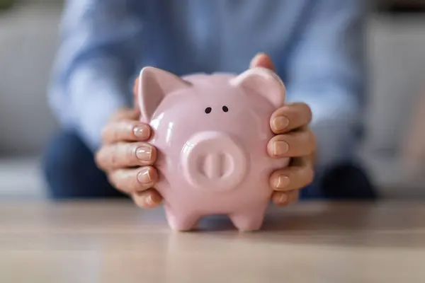 Closeup of female hands holding pink piggybank with retirement money savings, as mature lady holds piggy bank with finances, preparing secure and rich retired life indoor. Cropped, selective focus