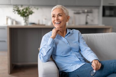 Neşeli, tasasız, Avrupalı, şık saç kesimi olan, gülümseyen, gülümseyen, elinde gözlükleriyle çenesine dokunan, evdeki koltukta oturan olgun bir kadın.