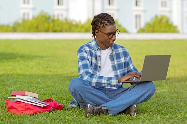 Lächelnder Afroamerikanischer Typ Sitzt Mit Laptop Auf Grünem Gras Park — Stockfoto