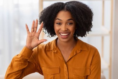 Neşeli milenyum kıvırcık saçlı Afro-Amerikan bayan el sallıyor, oturma odasının içinde video çağrısı var, kapatın. Evde buluşmak, uzaktan fotoğraf çekmek ve selam vermek.