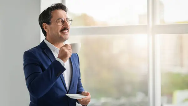 Positive Caucasian Mature Businessman Suit Enjoys Cup Coffee Relaxing Modern — Stock Photo, Image