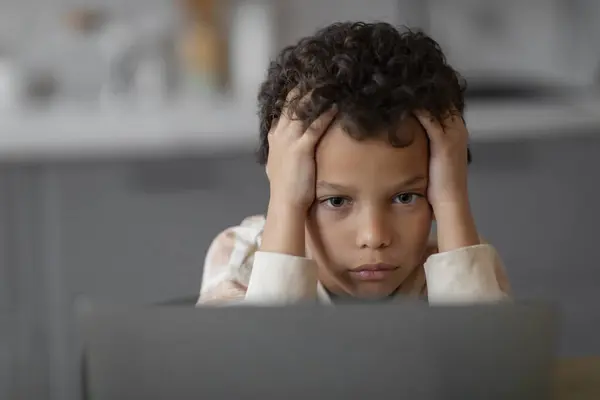 Little Black Boy Feeling Stressed Worried Holding His Head Hands — Stock Photo, Image