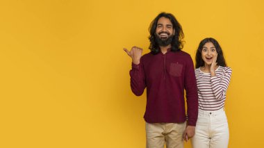 Heyecanlı genç Hintli çift reklam için boş fotokopi alanını işaret ediyor, sarı stüdyo arka planında izole edilmiş jestler ve somurtmalar, harika bir teklif için web afişi, panorama