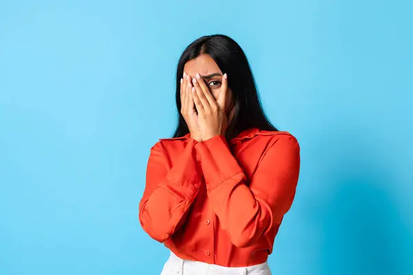Fear Portrait Scared Young Indian Woman Covering Face Palms Peeking — Stock Photo, Image