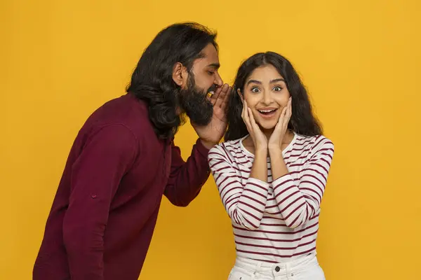 Attractive Millennial Indian Man Sharing Secret Whispering Gossips His Wife — Stock Photo, Image