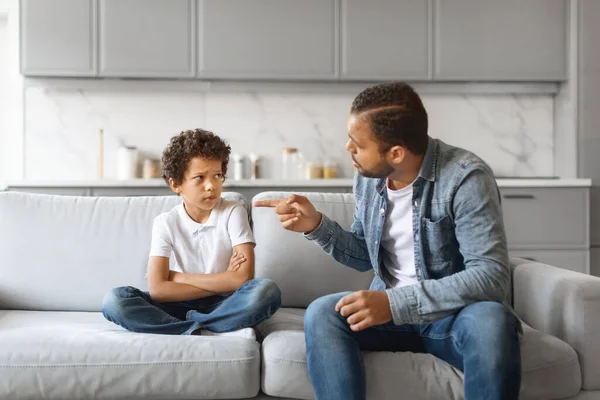 Angry African American Father Scolding Upset Little Son Home Preteen — Stock Photo, Image