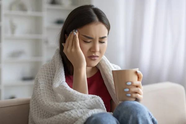 Distressed Young Asian Woman Suffering Headache Cold Home Korean Female — Stock Photo, Image