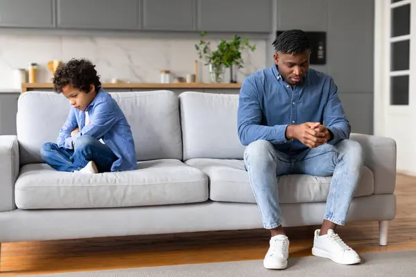 Black Boy His Father Sitting Different Sides Couch Both Upset — Stock Photo, Image