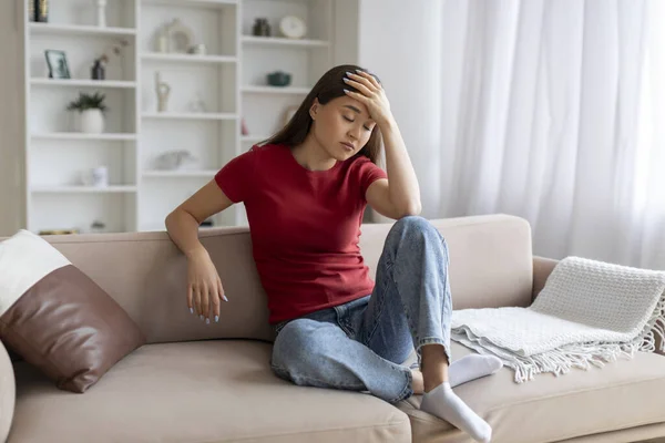 Depression Concept Portrait Sad Young Asian Woman Sitting Couch Home — Stock Photo, Image