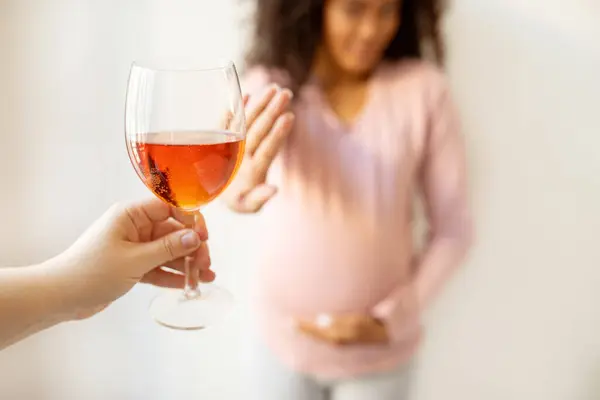 Alcohol Pregnancy Young Black Pregnant Woman Refusing Drink Offered Wine — Stock Photo, Image
