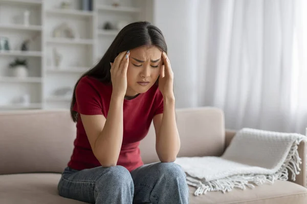 Stressed Young Asian Woman Suffering Severe Headache Migraine Home Upset — Stock Photo, Image