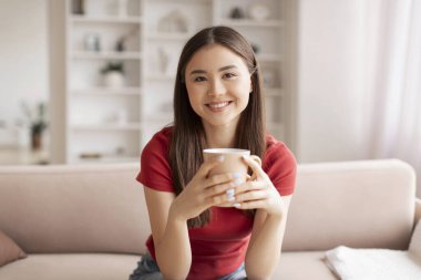 Neşeli genç Asyalı kadın kahve fincanı tutuyor ve kameraya gülümsüyor. Aydınlık, dekore edilmiş oturma odasında rahat bir kanepede dinleniyor. Mutlu Koreli kadın ev işlerinden zevk alıyor.