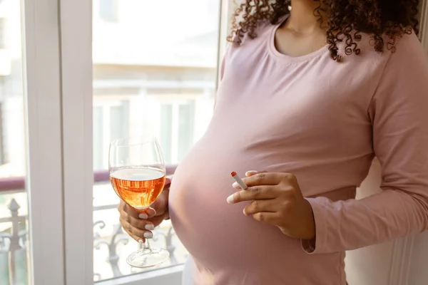 Closeup Irresponsible Pregnant Woman Cigarette Wine Glass Standing Window Home — Stock Photo, Image
