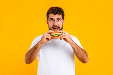 Neşeli sakallı adamın portresi çizburgerden büyük bir ısırık alıyor, fast food 'un cazibesini somutlaştırıyor, sarı arkaplanda kameraya bakarken hamburger yiyor. Beslenme, Aldatma Yemeği Gereksiz Yiyeceklerle