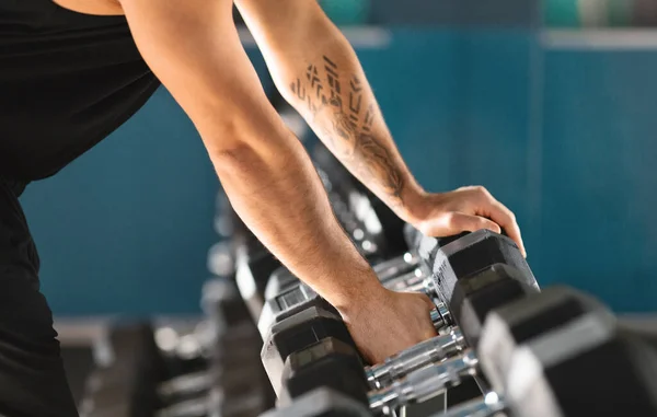 Sports Equipment. Unrecognizable man with tattoo taking dumbbells from the rack in gym, cropped shot of muscular male athlete grabbing barbell, preparing for workout with light weights, closeup