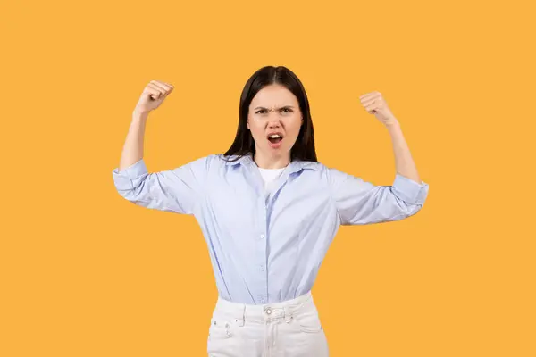 Strong Determined Female Student Blue Shirt Making Power Gesture Fists — Stock Photo, Image