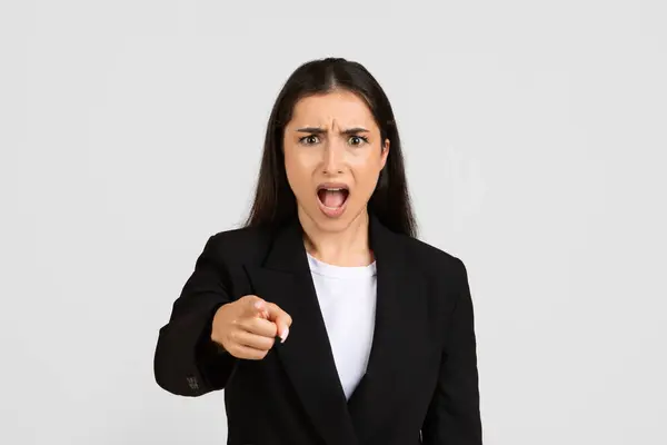 Professional Businesswoman Black Blazer Pointing Directly Camera Open Mouth Serious — Stock Photo, Image