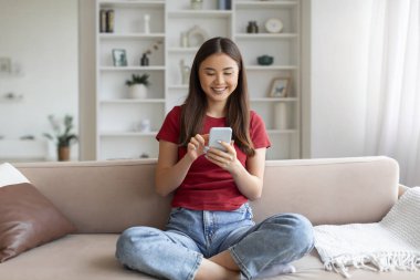 Keyifli genç Asyalı bir kadın akıllı telefonuyla etrafı kolaçan ederken rahat bir şekilde kanepede otururken düzenli oturma odasında, mutlu Koreli bir kadın cep telefonuyla mesajlaşıyor, bedava uzay boşluğu.