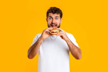 Sarı Arkaplanda Burger Isıran Komik Aç Adamın Portresi, Stüdyo Çekimi. Beyaz tişörtlü adam Big Cheeseburger tadıyor Favori Yardım Yemeğinin tadını çıkarıyor. Açlık ve Memnuniyet
