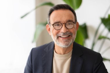 Olgun Avrupalı yakışıklı, gözlüklü sıcak, dostane bir gülümseme sunan, ofisinde çalışan, kameraya bakın. Toplantı ve iletişim, uzaktan iş görüşmesi, video görüşmesi, kapatma.