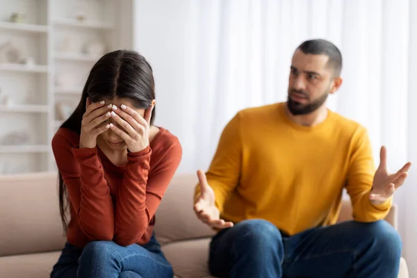 Domestic Abuse Angry Young Man Shouting His Crying Wife Home — Stock Photo, Image