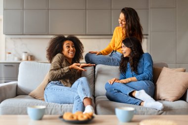 Genç bayanların çok kültürlü üçlüsü oturma odasındaki masada neşeyle sohbet ediyor, rahat ev ortamında kurabiye ve kahve paylaşıyor, sohbet ediyor, birlikte vakit geçiriyor ve arkadaşlık kuruyorlar.