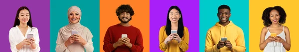 An inclusive group of six people of varied ethnicities dressed in colorful attire, smiling and using smartphones against bright monochromatic backgrounds. Modern communication, social networks