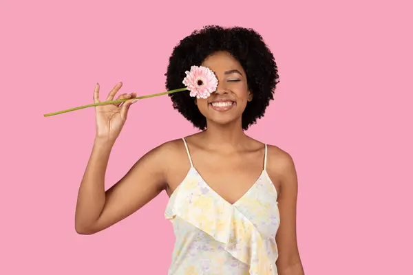 一个快乐的年轻的非洲裔美国女人 面带笑容 眼睛上握着一朵粉色的德国菊花 在粉红的背景下创作了一幅有趣而欢乐的肖像 工作室 — 图库照片
