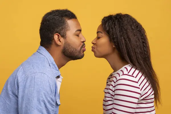 Боковой Снимок Молодой Негритянской Пары Обнимающей Друг Друга Губами Поцелуями — стоковое фото