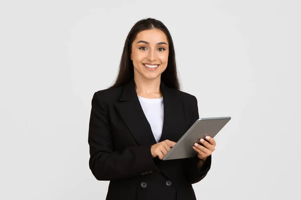 Cheerful Young Businesswoman Black Suit Holding Digital Tablet Smiling Camera — Stock Photo, Image