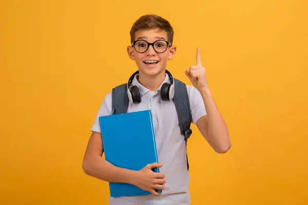 Ενθουσιασμένος Έφηβος Αγόρι Φορώντας Γυαλιά Μάτια Έχοντας Ιδέα Αυξάνοντας Δάχτυλο — Φωτογραφία Αρχείου