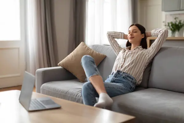 Contented Young Woman Casual Reclining Comfortably Sofa Taking Satisfying Break — Stock Photo, Image