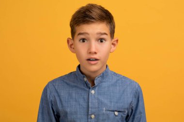 Şok olmuş genç çocuk kameraya bakıyor ve ağzı açık, duygusal genç çocuk şaşkınlığını ve merakını dile getiriyor. Parlak sarı stüdyo arkaplanının karşısında duruyor, alanı kopyalıyor.