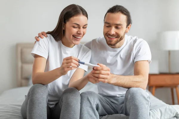 Overjoyed Young European Couple Shares Moment Happiness Look Positive Pregnancy — Stock Photo, Image