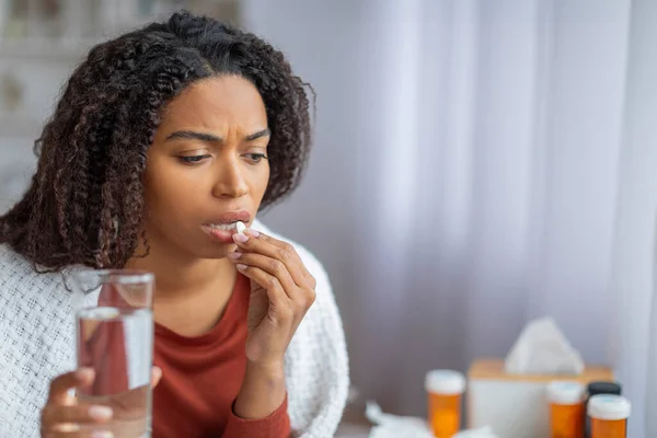 Sick Young Black Woman Taking Pill Glass Water Home African — Stock Photo, Image