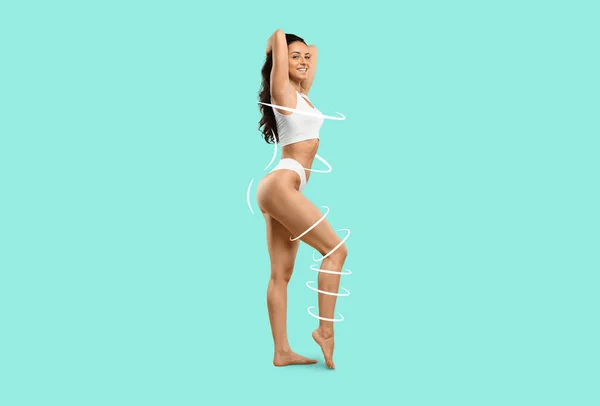 Gorgeous young brunette woman in white underwear with arms behind her head and white circle lines around her slim body posing on colorful background, showing perfect curves, copy space